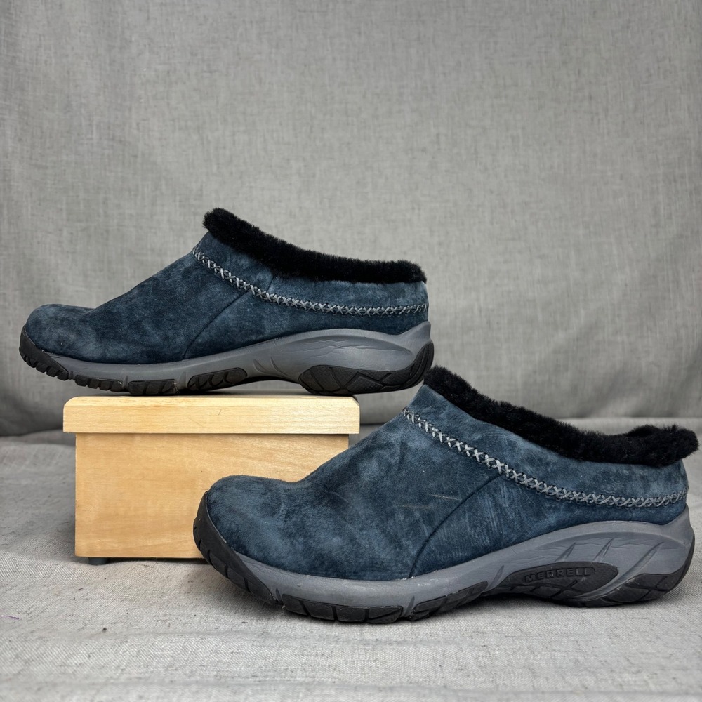 Merrell Encore Ice 4 Navy Blue Suede Faux Fur Lined Mules Clogs Women's Size 8.5 - Picture 3 of 11